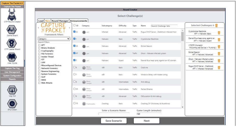Challenge select screen from Capture The Packet Challenge select screen from Capture The Packet