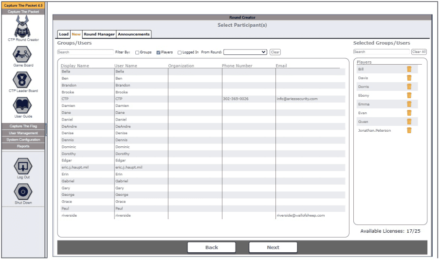 User administration screen from Capture The Packet User administration screen from Capture The Packet