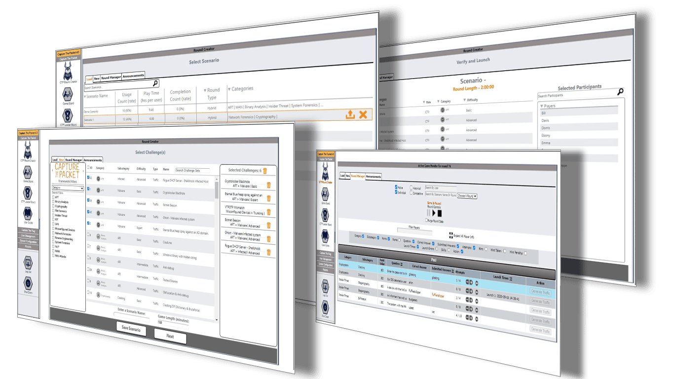 Sample screens from the Capture The Packet administrative interface